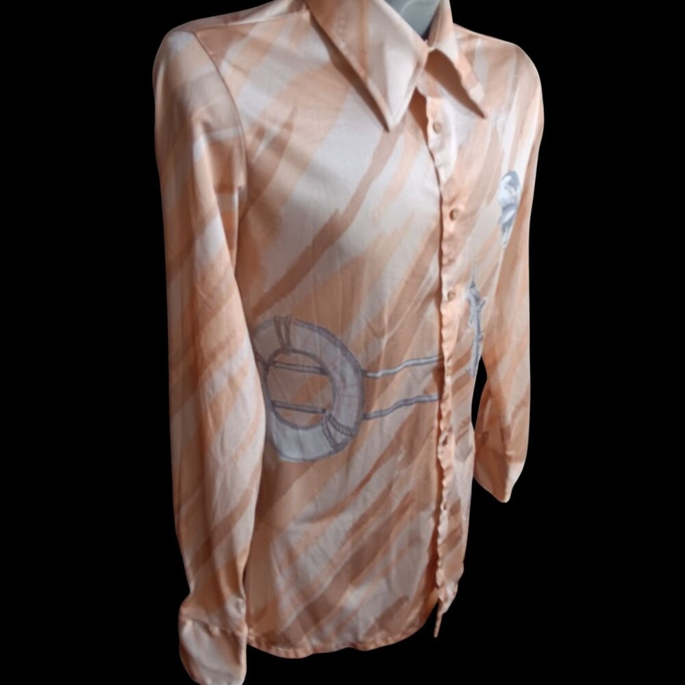 Vintage Men's Disco Shirt Large 1970s Salmon Pink Nautical Sexy Man Woman Print - Picture 4 of 10